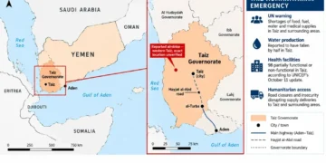 Original Journos News locator map highlighting Yemen’s Taiz Governorate, a reported airstrike location in western Taiz, and the road connection between Taiz and Aden, alongside key humanitarian concerns involving food, water, health facilities and access.