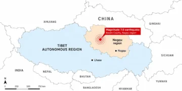 Map of the Tibet Autonomous Region in China highlighting the reported magnitude 7.0 earthquake in Baqen County, Nagqu region, with the epicenter marked and nearby locations and borders labeled.