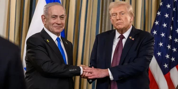 U.S. President Donald Trump and Israeli Prime Minister Benjamin Netanyahu shake hands after announcing a Gaza peace plan at the White House on September 29, 2025.