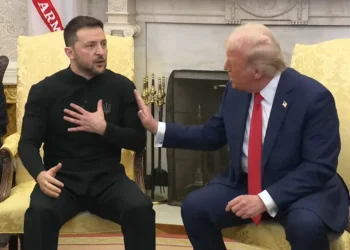 U.S. President Donald Trump gestures toward Ukrainian President Volodymyr Zelenskyy during a contentious meeting in the Oval Office on February 28, 2025.