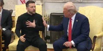 U.S. President Donald Trump gestures toward Ukrainian President Volodymyr Zelenskyy during a contentious meeting in the Oval Office on February 28, 2025.
