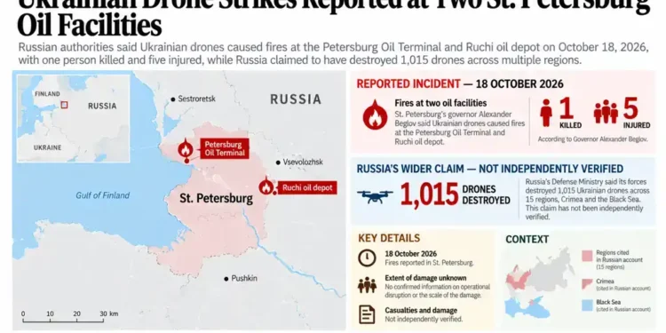 Map locating the Petersburg Oil Terminal and Ruchi oil depot in St. Petersburg, Russia, alongside reported fires, casualties and Russia's wider drone interception claim.