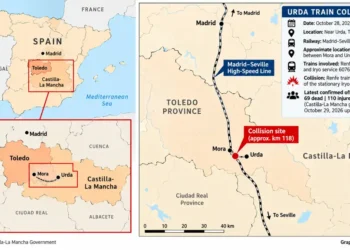 Journos News locator map showing the October 28, 2026, train collision near Urda in Toledo, Spain, along the Madrid–Seville high-speed railway line, with an inset map identifying the surrounding region and collision location.