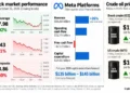 Financial infographic showing U.S. stock market performance on October 22, 2026, Meta Platforms’ third-quarter financial results and Brent and WTI crude oil prices reported for October 23, 2026.