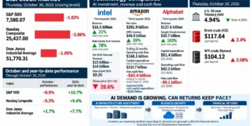 Journos News business graphic presenting U.S. stock market performance on October 30, 2026, third-quarter financial results from Intel, Amazon and Alphabet, U.S. Treasury yields, crude oil prices, and the relationship between AI infrastructure investment, business growth and financial returns.