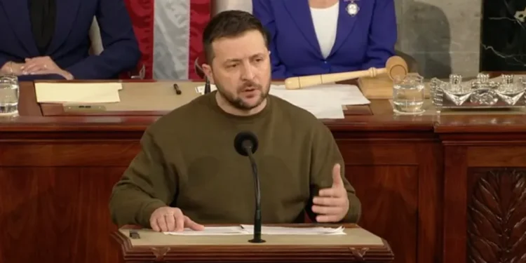 Volodymyr Zelenskyy delivers a speech to the United States Congress in Washington, D.C., on December 21, 2022.