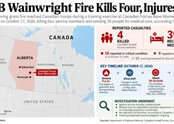 Map locating Canadian Forces Base Wainwright in Alberta, alongside reported fatalities, injuries, the fire timeline and the ongoing investigation into the October 17, 2026, training-area fire.