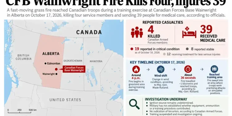 Map locating Canadian Forces Base Wainwright in Alberta, alongside reported fatalities, injuries, the fire timeline and the ongoing investigation into the October 17, 2026, training-area fire.