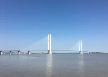 The Sino-Korean Boundary River Highway Bridge crosses the Yalu River between China and North Korea, photographed on September 20, 2016.