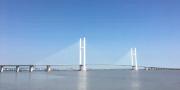 The Sino-Korean Boundary River Highway Bridge crosses the Yalu River between China and North Korea, photographed on September 20, 2016.