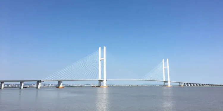The Sino-Korean Boundary River Highway Bridge crosses the Yalu River between China and North Korea, photographed on September 20, 2016.