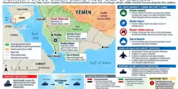 Map shows Yemeni forces' reported gains around Dhubab, Mokha, Dhubab Airport and the strategic Bab el-Mandeb Strait.