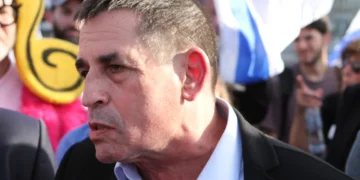 Israeli politician Yoav Segalovitz of the Yesh Atid party visits protesters demonstrating against the judicial overhaul on March 1, 2023.