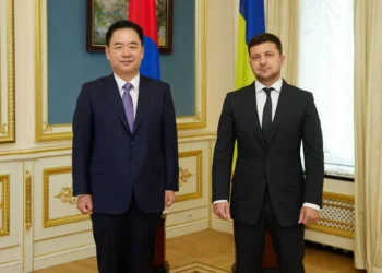 Ukrainian President Volodymyr Zelenskyy attends a diplomatic credentials ceremony for ambassadors from Ireland, Nigeria, South Korea and Armenia on August 20, 2021.